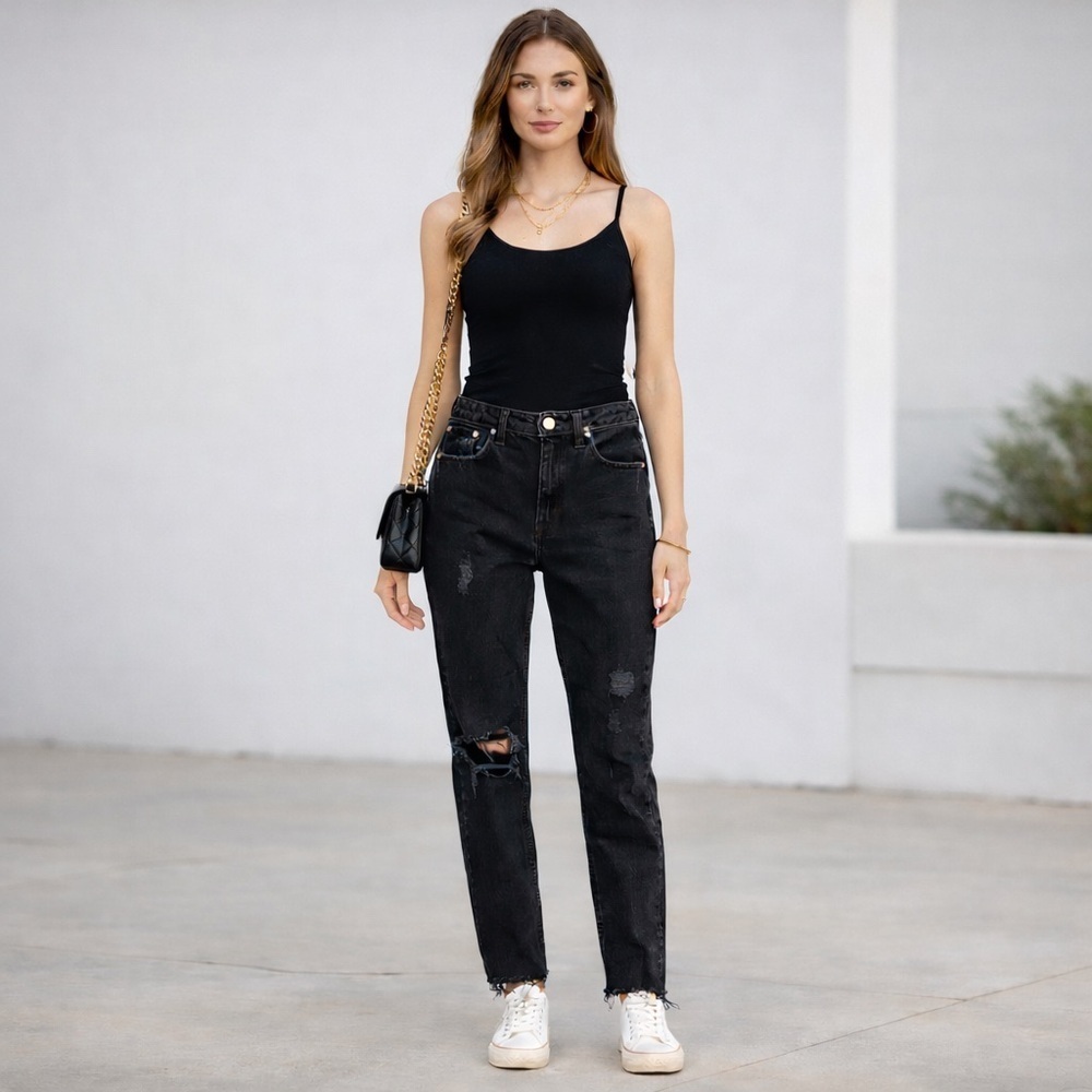 Abercrombie & Fitch The Mom High Rise Black Distressed Straight Y2K Jeans Sz 26